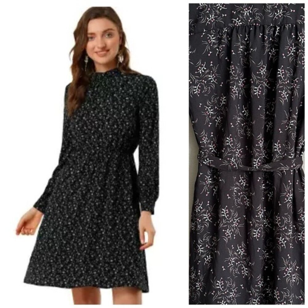 Loft Elegant Black Floral Long Sleeve Belted Dress Size XS